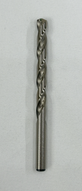 A single metal drill bit with a twisted flute design, shown vertically against a light gray textured background.
