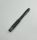 A black metal thread cutting tool with a threaded cutting head and a square socket at the end, photographed on a light gray textured fabric background.