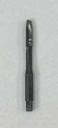 A dark metallic thread cutting tap tool with a square shank, shown vertically against a light gray textured background.