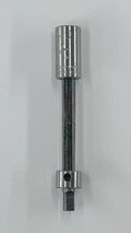 A metallic socket extension bar tool with a polished silver finish, shown vertically against a plain light gray background.