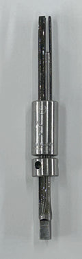 A metal cylindrical tool or hardware component with a dark central shaft and silver-toned end pieces, photographed against a plain light background.